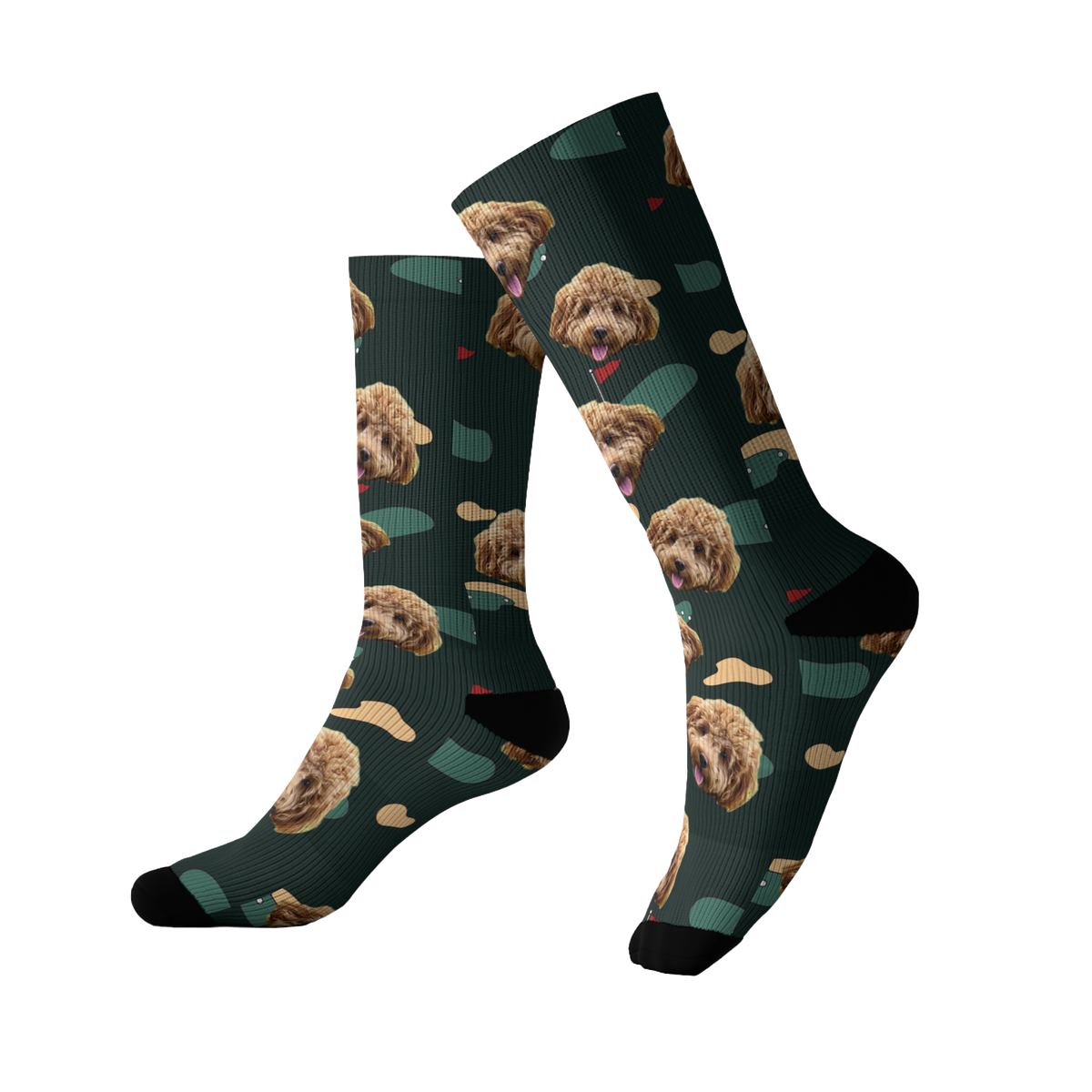 Dark green socks featuring a repeating pattern of a fluffy brown dog’s face along with scattered golf-themed elements, including golf holes with flags and abstract shapes. The socks have black toes and heels.