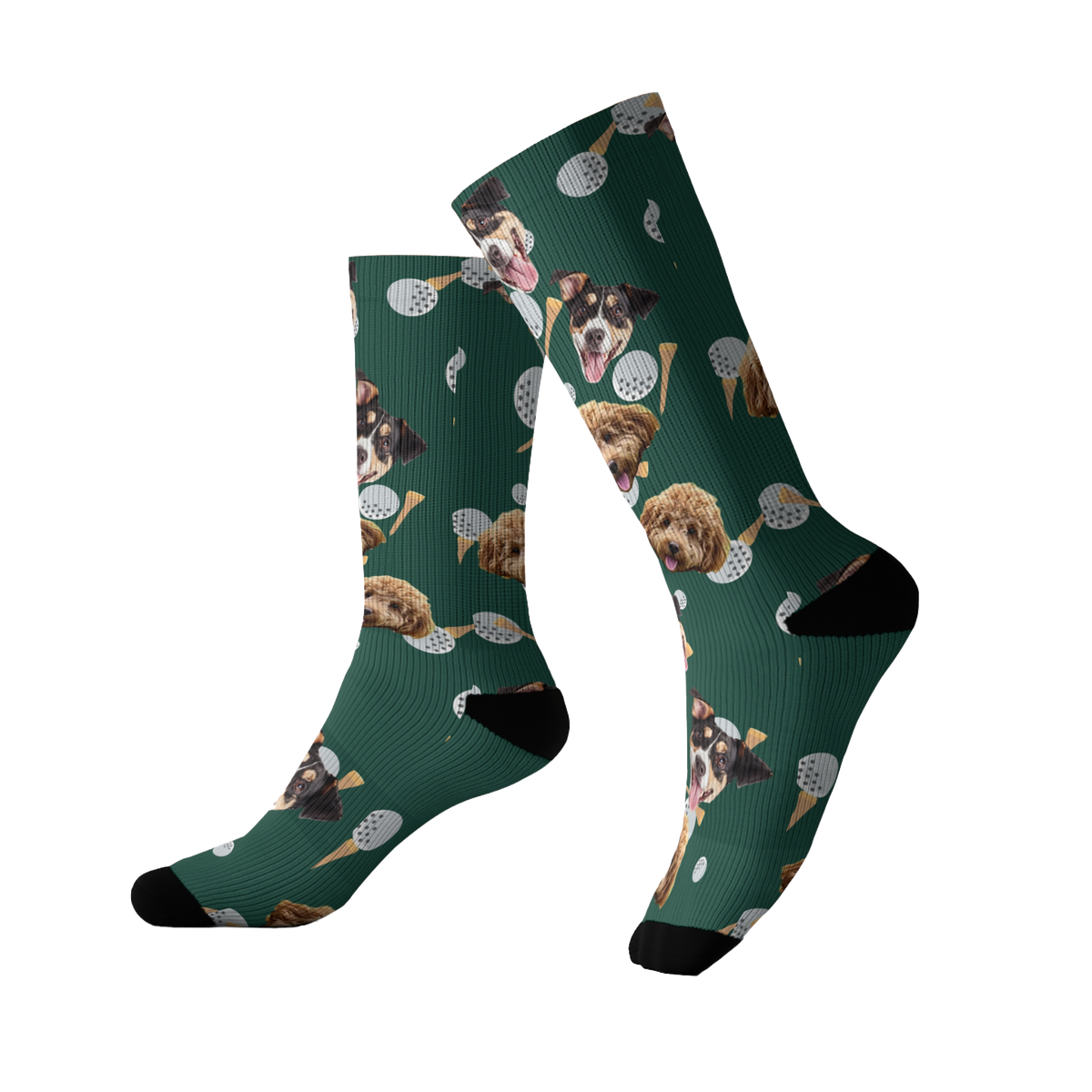 Dark green socks featuring a repeating pattern of two different dogs’ faces, mixed with scattered golf balls and golf tees. The socks have black toes and heels.