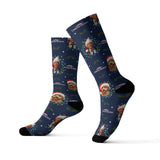 Maroon socks with dog pattern on a white background