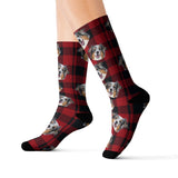 Red and black buffalo plaid custom pet-face socks featuring a repeating dog print with black toes and heels[BuffaloPlaid]