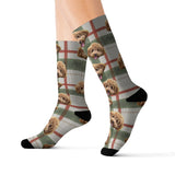 Light Christmas plaid custom pet-face socks featuring a repeating curly-haired dog print in green, red, and cream with black toes and heels[LightChristmasFlannel]
