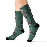 Dark green custom pet-face socks featuring a repeating dog print with mistletoe, red berries, and black toes and heels[Mistletoe]