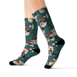 Dark green custom pet-face Christmas socks featuring a repeating dog print with Santa hats, snowflakes, Santa designs, and black toes and heels[Santa]