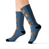 Blue custom pet-face socks featuring a repeating dog print with black toes and heels[SolidBlue]
