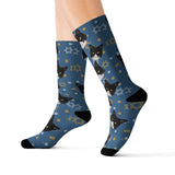 Blue custom pet-face socks featuring a repeating black cat print with gold and silver Star of David designs and black toes and heels[StarofDavid]