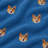 Close-up of the Solid Blue print showing custom pet faces repeated across a royal blue fabric