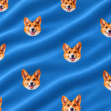 Close-up of the Solid Blue print showing custom pet faces repeated across a royal blue fabric