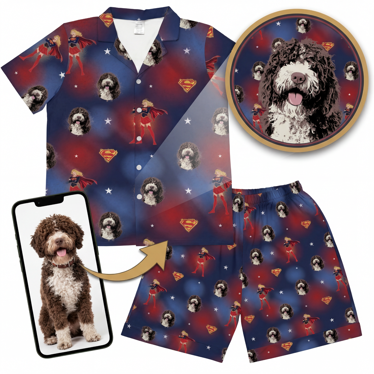 Supergirl-themed children's shirt and shorts set with a dog pattern, displayed with a phone and coaster.