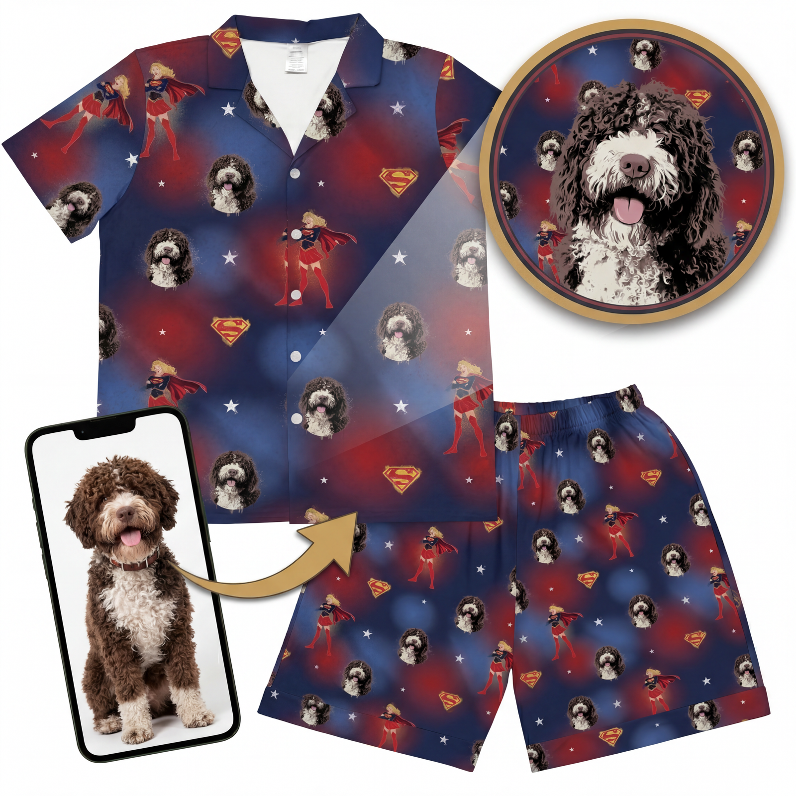 Supergirl-themed children's shirt and shorts set with a dog pattern, displayed with a phone and coaster.