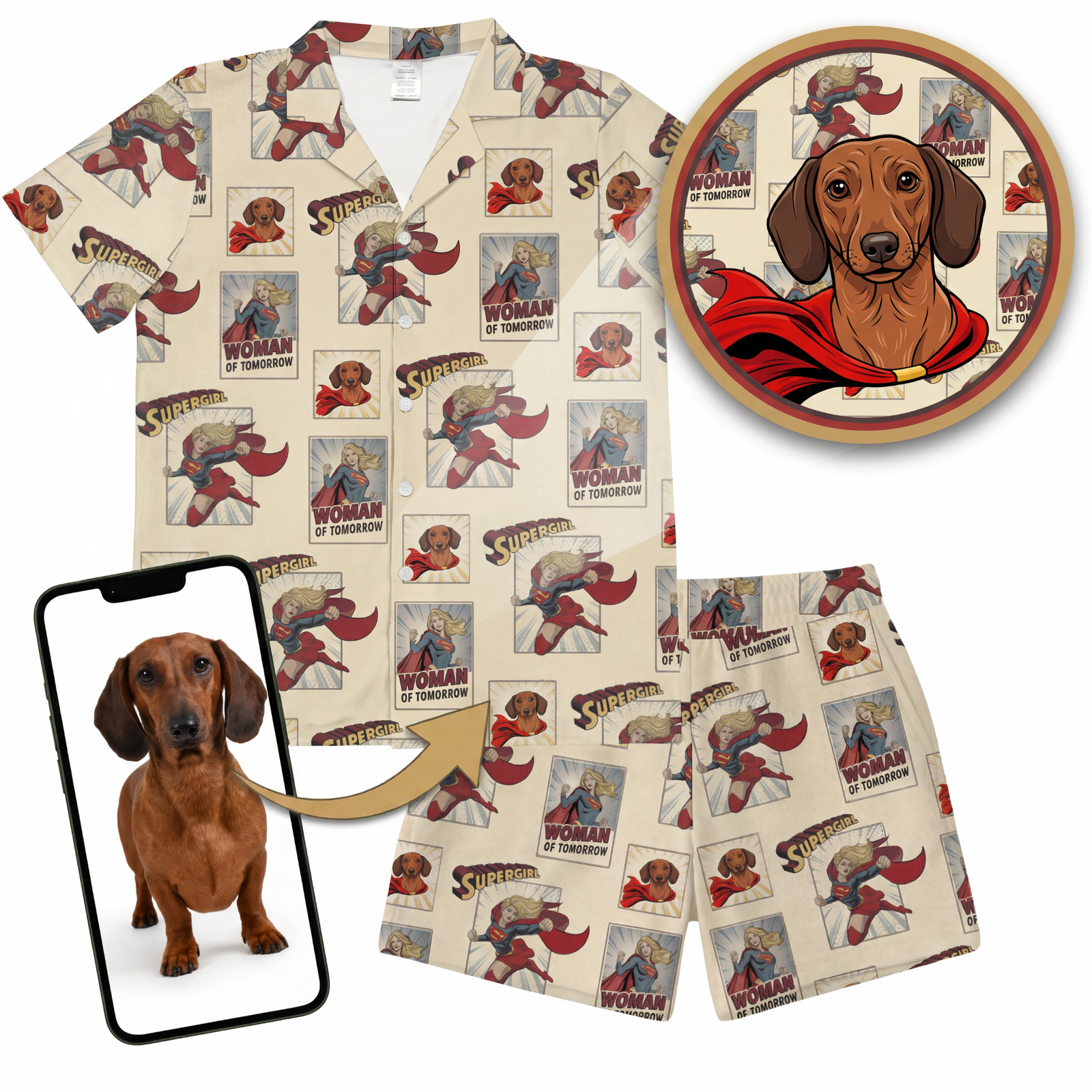 Supergirl-themed shirt, shorts, and dog illustration with a phone displaying a dachshund.
