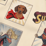 Close-up of the Supergirl Comic Book print showing a custom pet portrait in a red cape alongside Supergirl comic panels on a cream fabric