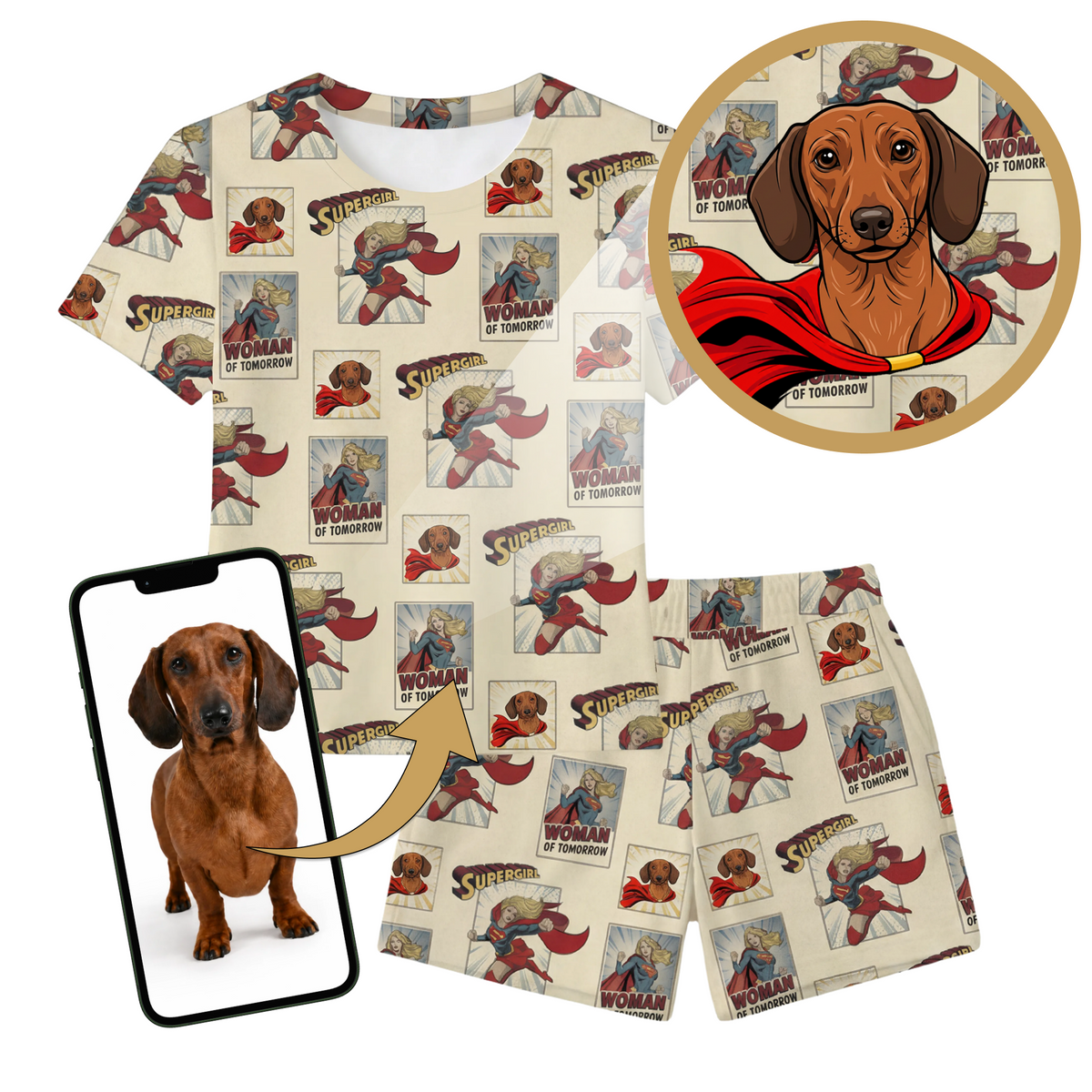 Superhero-themed t-shirt and shorts set with a dachshund illustration, including a phone and coaster for scale.