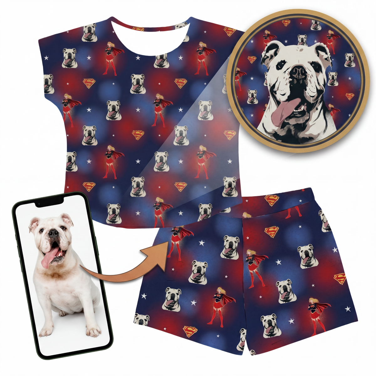 Fitted t-shirt and shorts set with superhero and dog pattern, including a phone with a dog photo and a circular dog portrait.