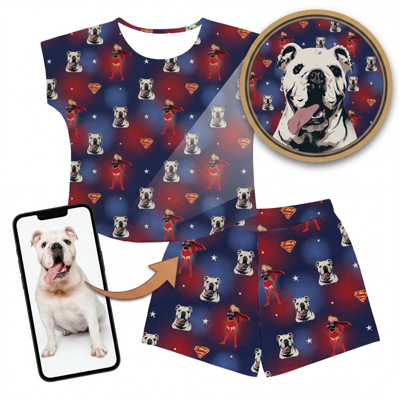Fitted t-shirt and shorts set with superhero and dog pattern, including a phone with a dog photo and a circular dog portrait.