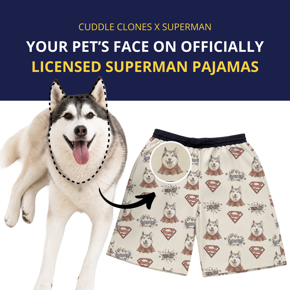 Dog with personalized Superman pajamas featuring its face, branded 'Cuddle Clones x Superman'.