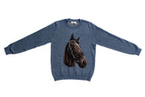 A heathered slate blue crewneck sweater featuring a detailed graphic print of a horse's head wearing a bridle on the front, displayed flat against a white background.