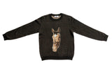 A dark brown knit crewneck sweater featuring a large embroidered horse head graphic on the front, laid flat against a white background.