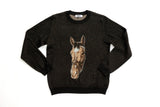 A dark brown knit crewneck sweater featuring a detailed graphic of a horse's head on the front, displayed flat against a white background.