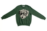 A dark green crewneck sweater featuring a detailed graphic print of a scruffy dog's face on the chest, laid flat against a white background.