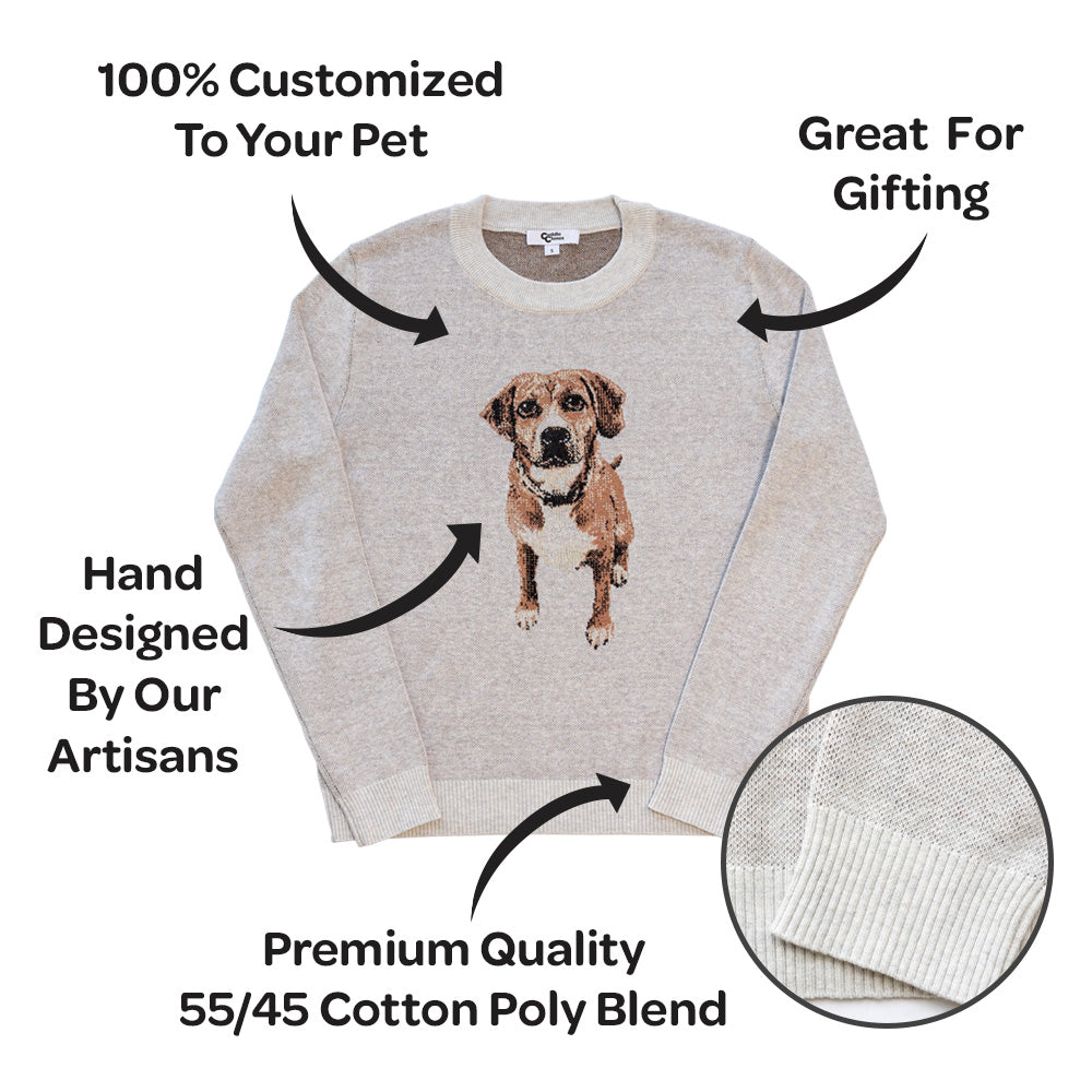 Sweater image: 100% Customized to your pet, great for gifting, hand designed by our artisans.
