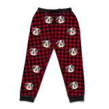 These are sweatpants in a Buffalo Plaid print with repeating pet faces on them[BuffaloPlaidSweatpants]