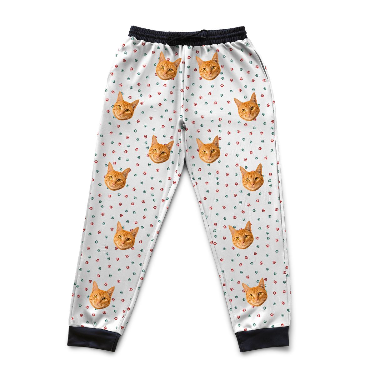 These are sweatpants in a Christmas Paws print with repeating pet faces on them[ChristmasPawsSweatpants]