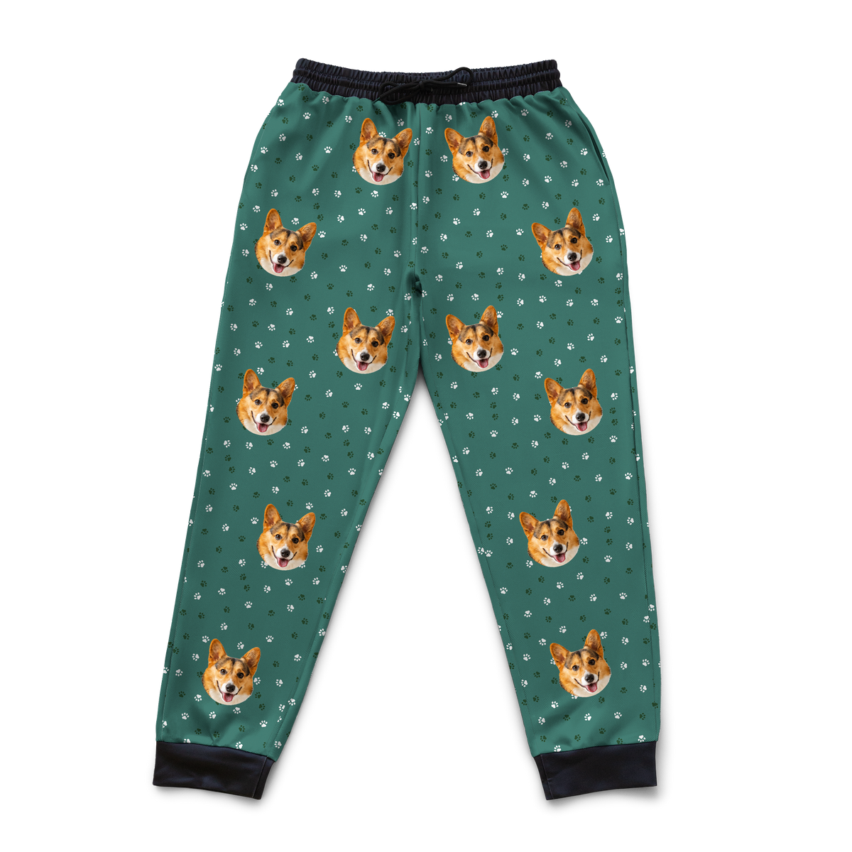 These are sweatpants in a Green Paws print with repeating pet faces on them[GreenPawsSweatpants]