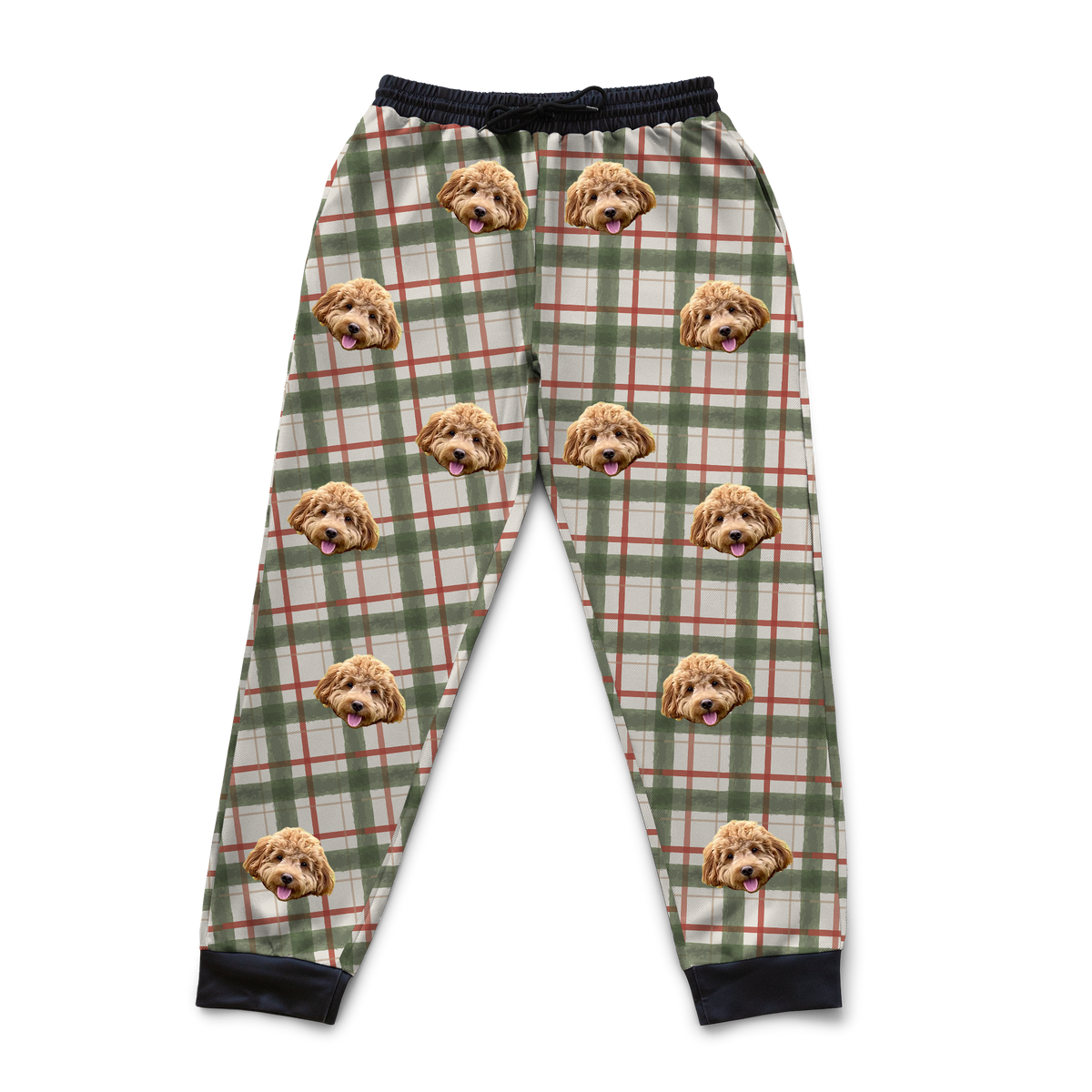 These are sweatpants in a Light Christmas Flannel print with repeating pet faces on them[LightChristmasFlannelSweatpants]