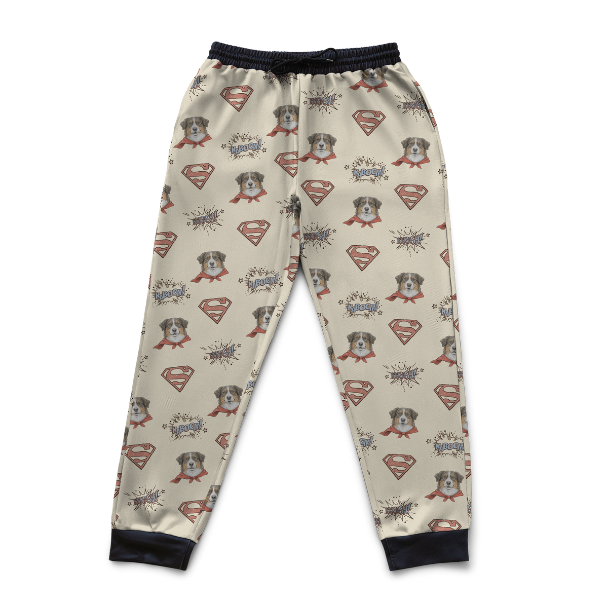 Superman-themed pajama pants with logos and characters on a blue background[OriginalSupermanSketchSweatpants]