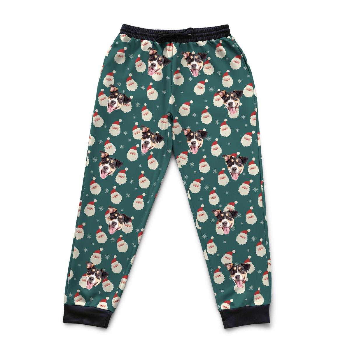 These are sweatpants in a Santa print with repeating pet faces on them[SantaSweatpants]