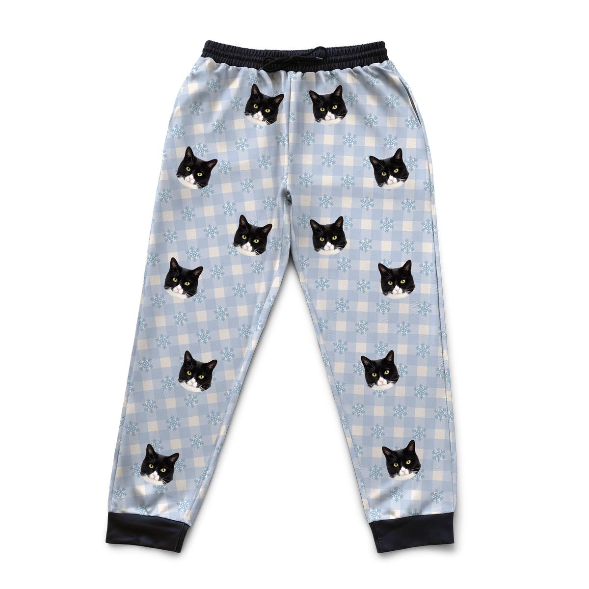 These are sweatpants in a Snowy Gingham print with repeating pet faces on them[SnowyGinghamSweatpants]