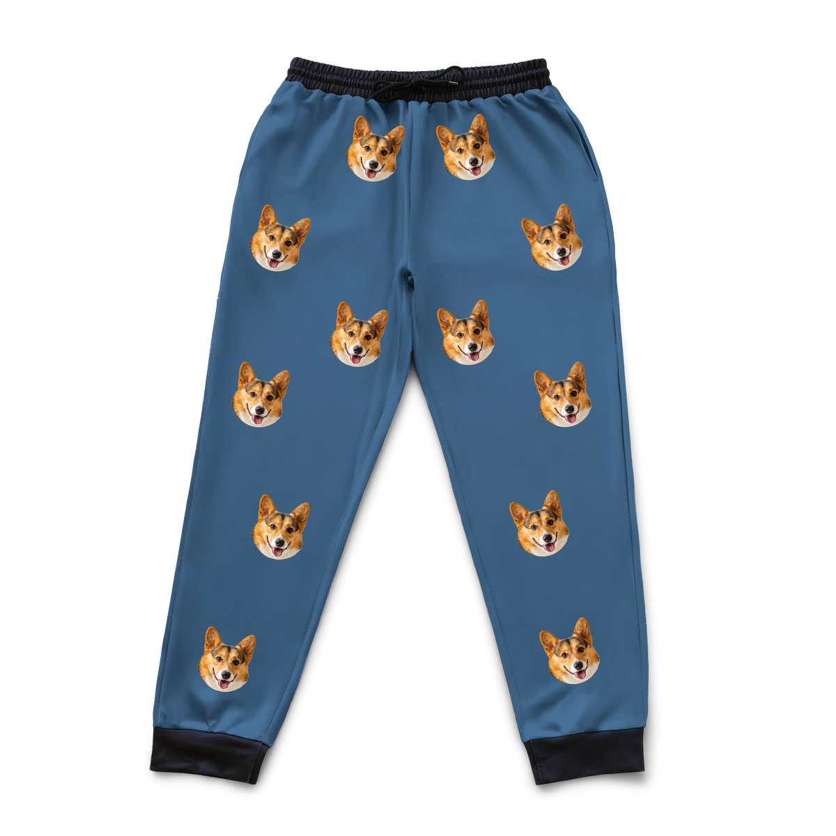 These are sweatpants in a Solid Blue print with repeating pet faces on them[SolidBlueSweatpants]