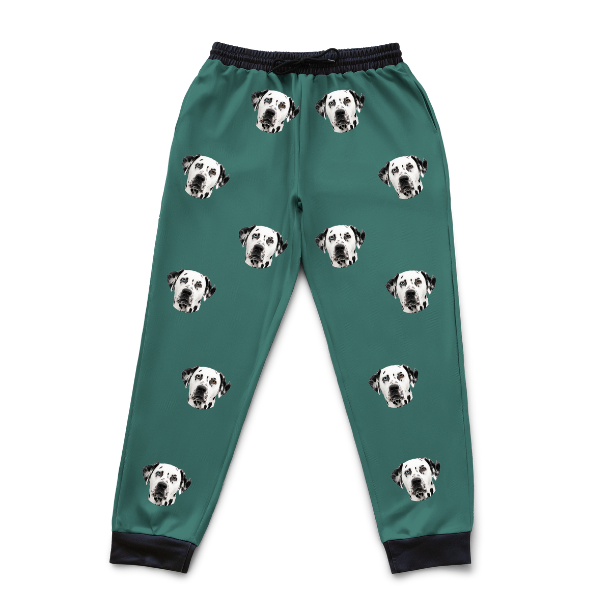 These are sweatpants in a Solid Green print with repeating pet faces on them[SolidGreenSweatpants]