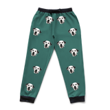 These are sweatpants in a Solid Green print with repeating pet faces on them[SolidGreenSweatpants]