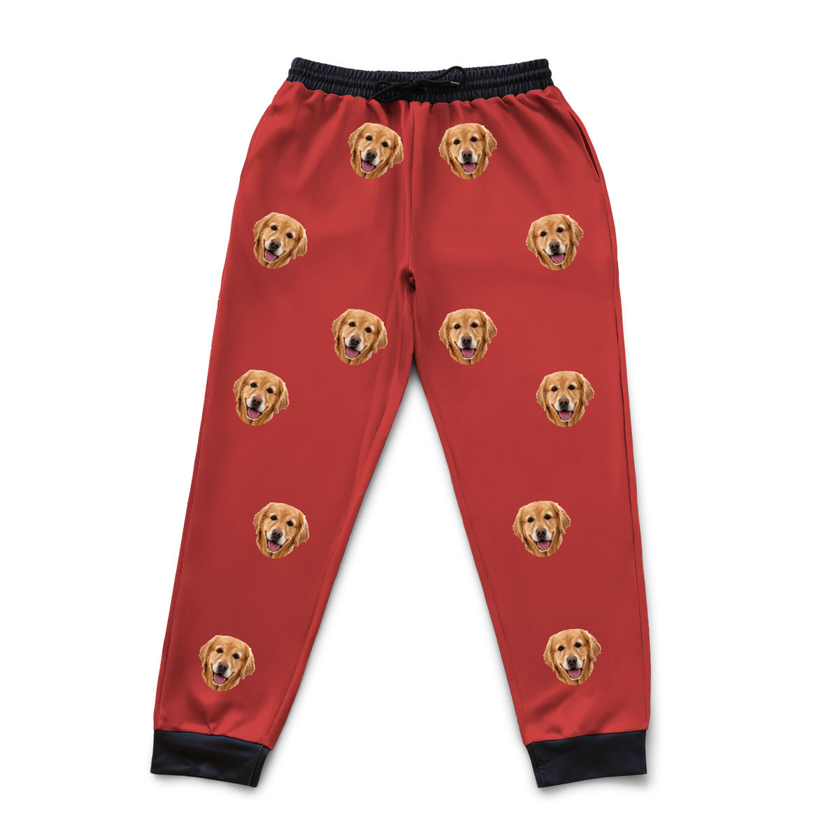 These are sweatpants in a Solid Red print with repeating pet faces on them[SolidRedSweatpants]