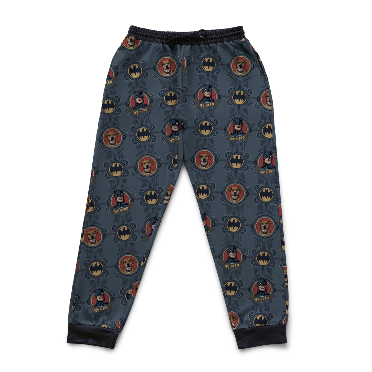 Pajama pants with superhero pattern on a white background[DarkKnightSweatpants]