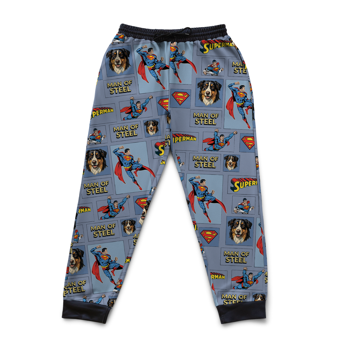 Superman-themed pajama pants with logos and characters on a blue background[ManOfSteelComicBookSweatpants]