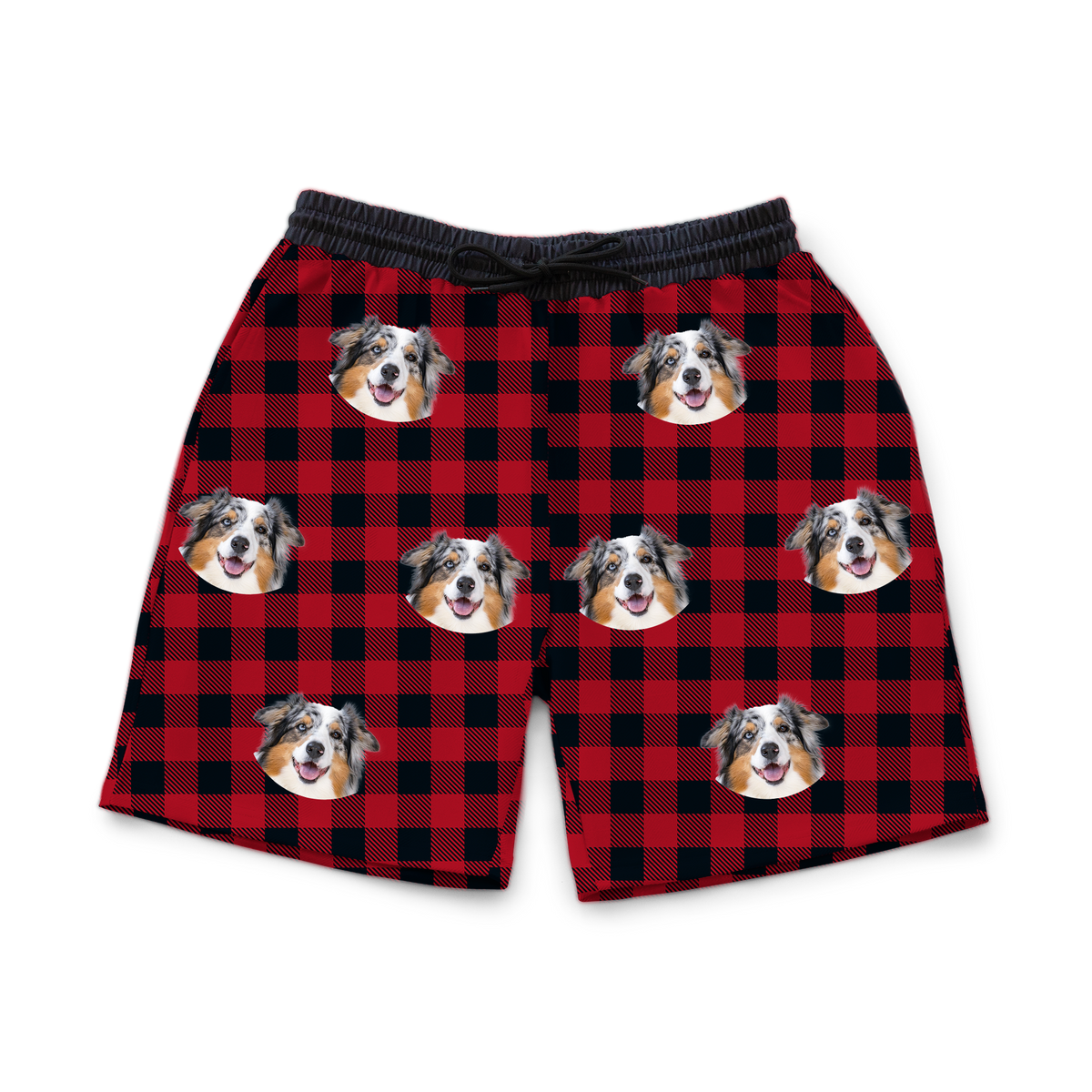 These are sweatshorts in a Buffalo Plaid print with repeating pet faces on them[BuffaloPlaidSweatshorts]