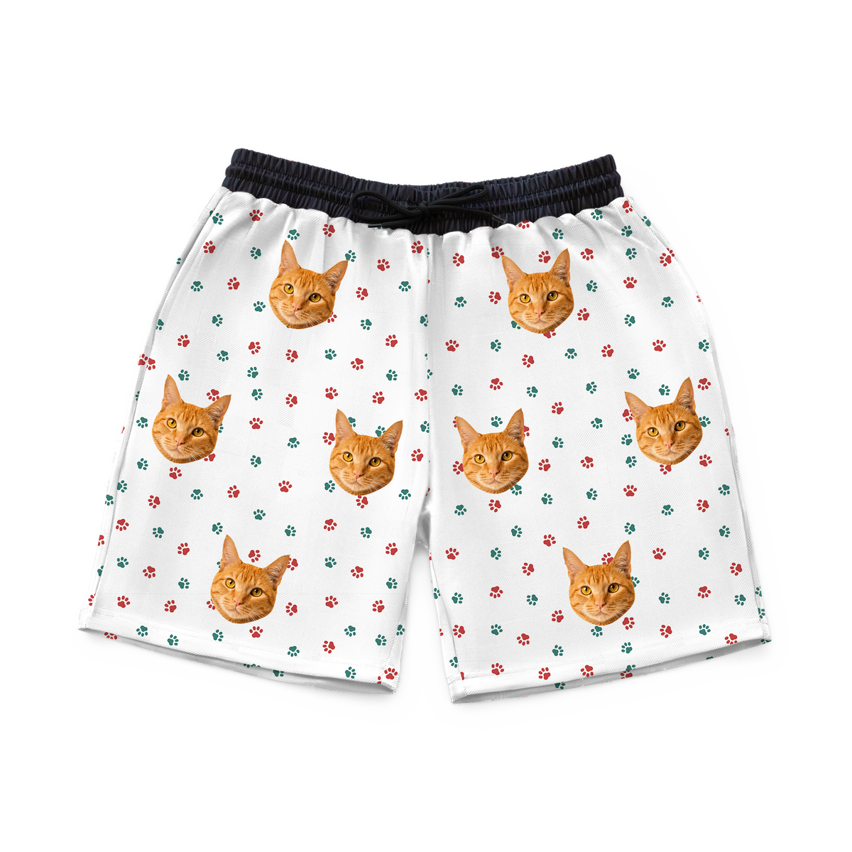 These are sweatshorts in a Christmas Paws print with repeating pet faces on them[ChristmasPawsSweatshorts]