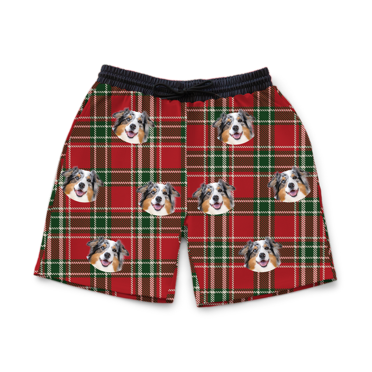 These are sweatshorts in a Christmas Plaid print with repeating pet faces on them[ChristmasPlaidSweatshorts]