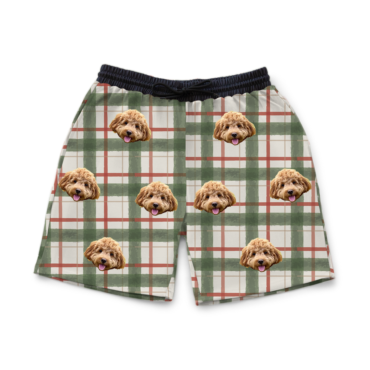 These are sweatshorts in a Light Christmas Flannel print with repeating pet faces on them[LightChristmasFlannelSweatshorts]