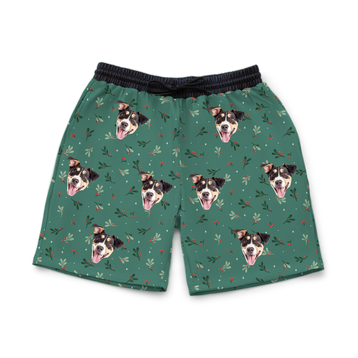 These are sweatshorts in a Mistletoe print with repeating pet faces on them[MistletoeSweatshorts]
