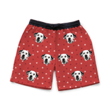 These are sweatshorts in a Red Paws print with repeating pet faces on them[RedPawsSweatshorts]