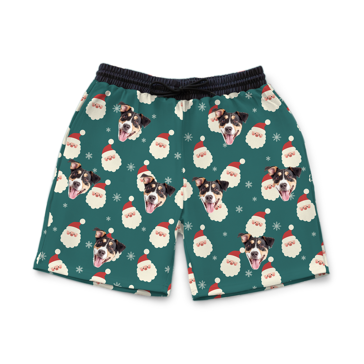 These are sweatshorts in a Santa print with repeating pet faces on them[SantaSweatshorts]