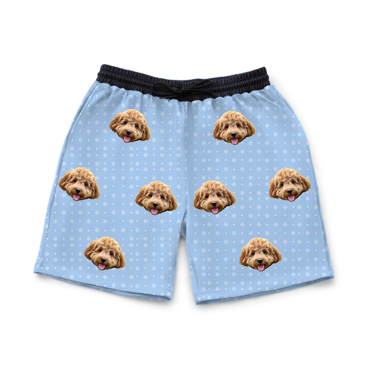 These are sweatshorts in a Snowflakes print with repeating pet faces on them[SnowflakesSweatshorts]