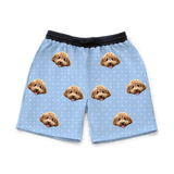 These are sweatshorts in a Snowflakes print with repeating pet faces on them[SnowflakesSweatshorts]