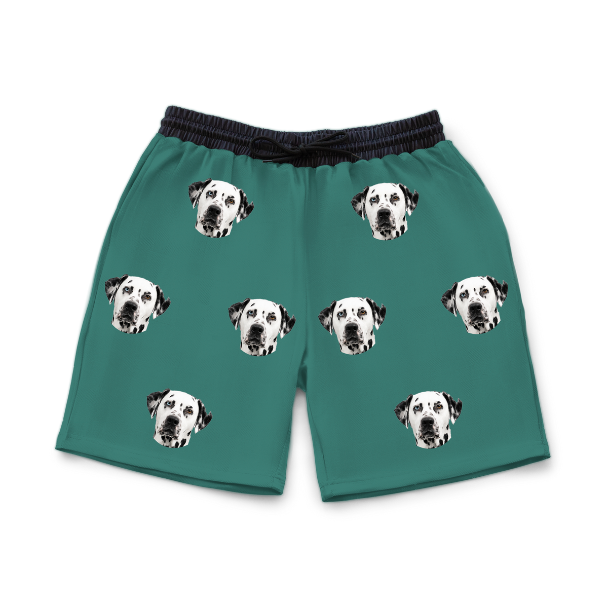 These are sweatshorts in a Solid Green print with repeating pet faces on them[SolidGreenSweatshorts]