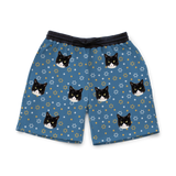 These are sweatshorts in a Star of David print with repeating pet faces on them[StarofDavidSweatshorts]