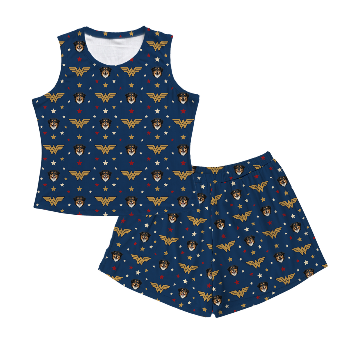 Blue sleeveless top, shorts, and socks with Wonder Woman logo and dog pattern on a white background