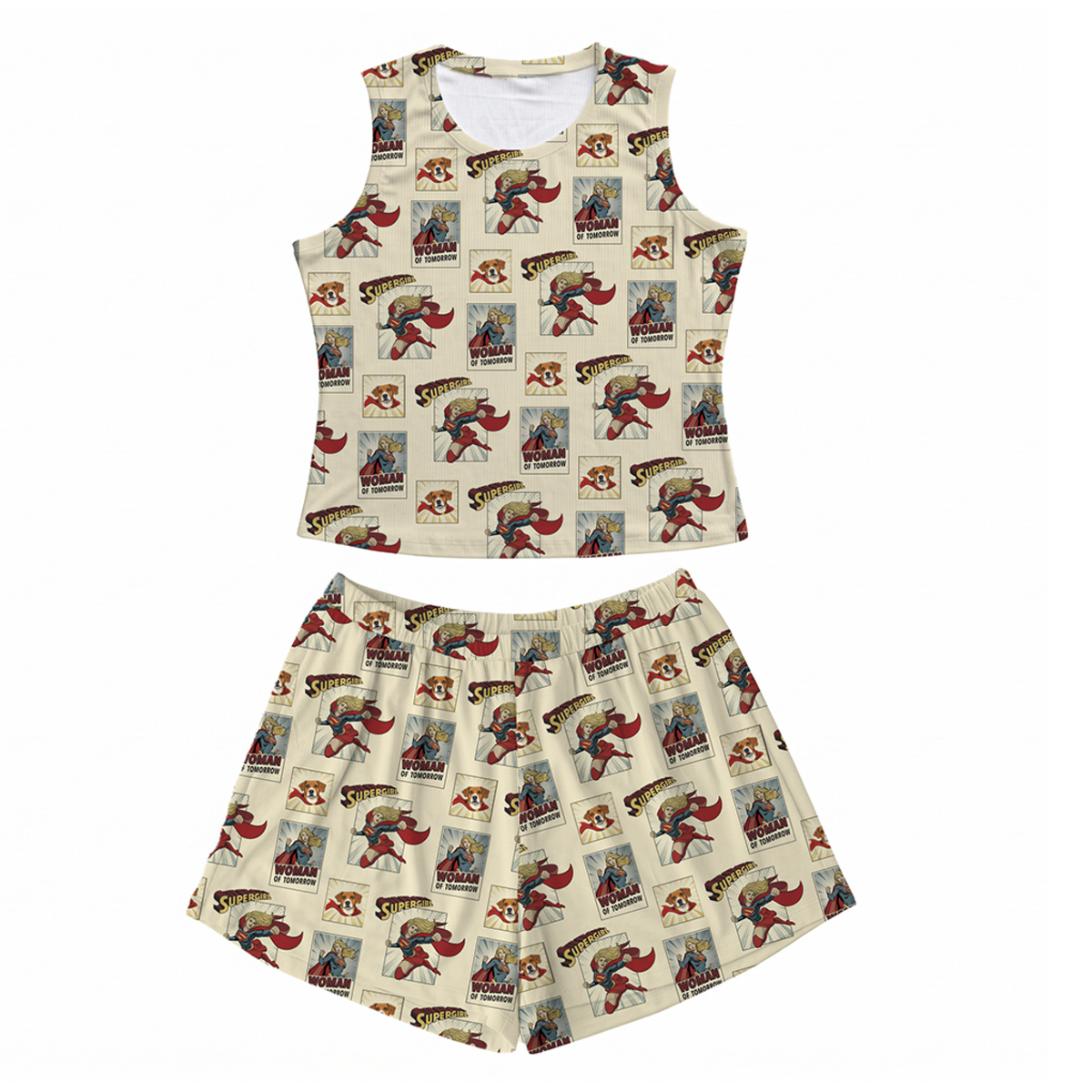 Supergirl-themed tank top and shorts set on a white background